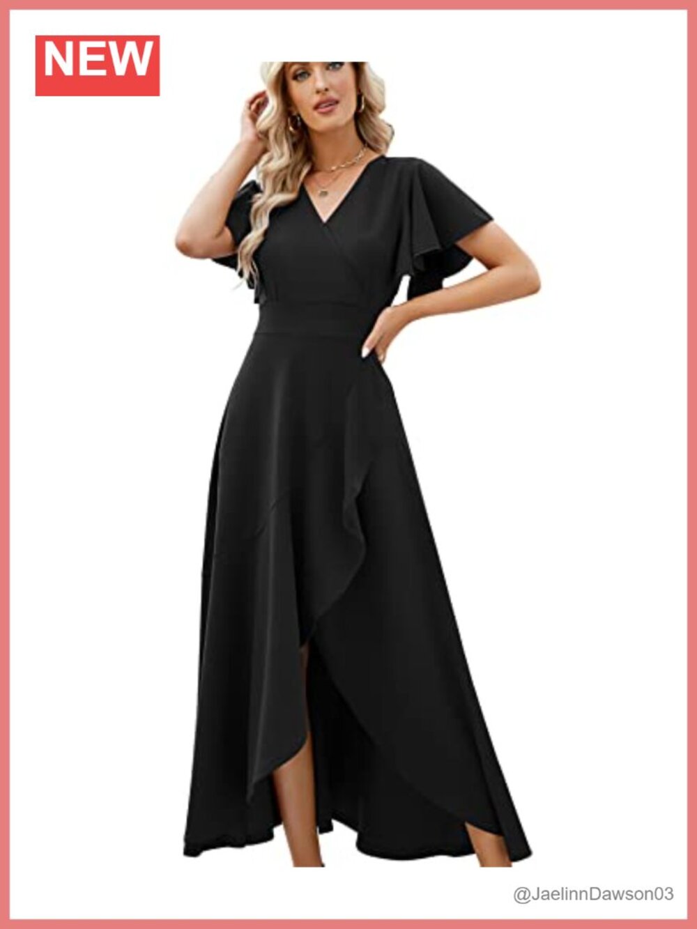 ZZV Formal Evening Gown V-Neck Flare Sleeve Split Hem Wedding Guest Dress